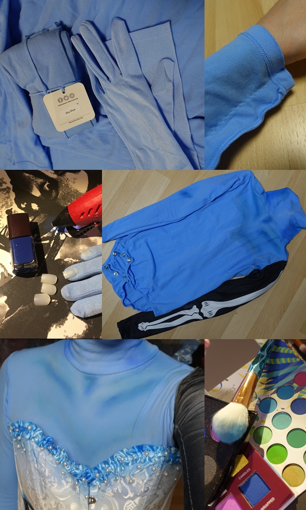 Bilder Collage - Ein blauer Body aus Stoff wird mit Farbe, bemalt. Blaue Handschuhe werden mit künstlichen Fingernägeln beklebt.