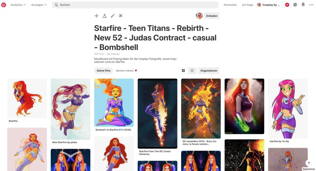 Screenshot der Pinnwand "Starfire" auf Pinterest