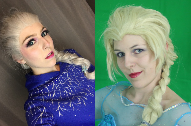 Cosplayer als Elsa aus Die Eiskönigin. Auf der linken Seite sieht man den Cosplayer aufwändig und gut geschminkt. Auf der Rechte Seite sieht man den Cosplayer in seinen Anfängen mit deformierter Perücke und wenig Make-up.