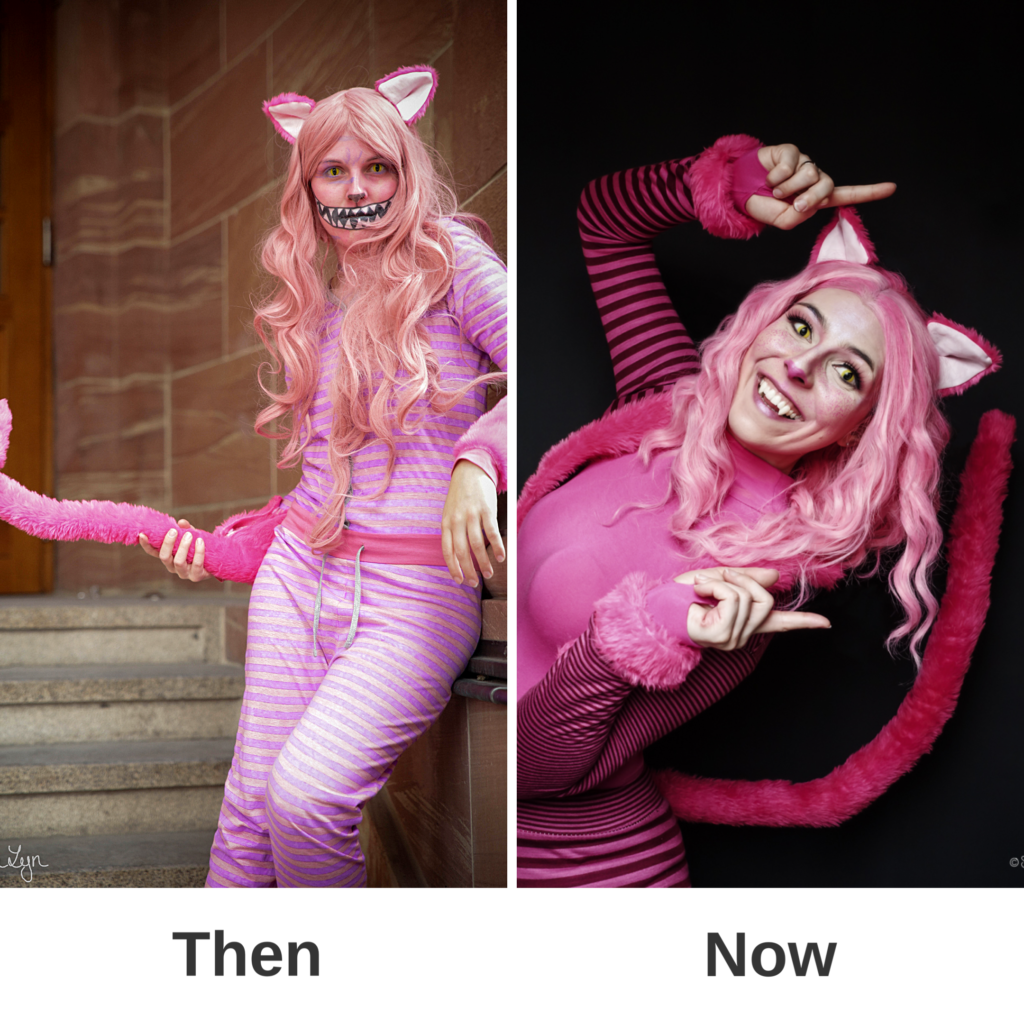 SajaLyn Cosplay Meme Then Now Grinsekatze Cheshire Cat